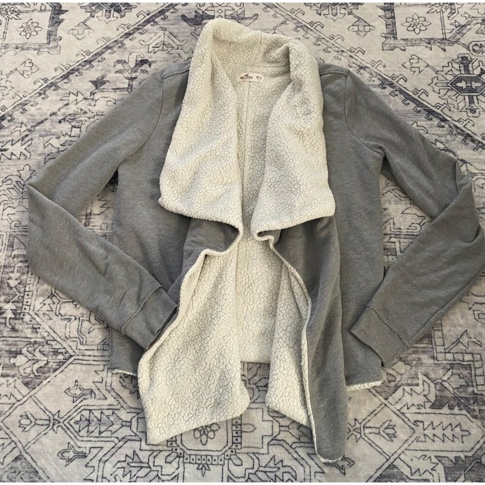 Hollister Womens M/L Gray Sherpa-Lined Open Front Cardigan‎ Jacket Sweater